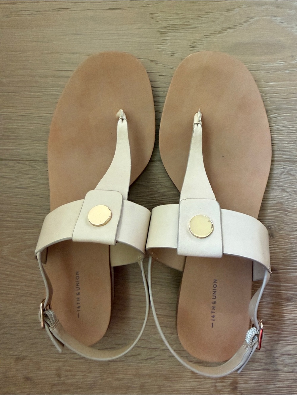 14th & Union Cream and Tan Leather T-Strap Sandals with Gold Accent